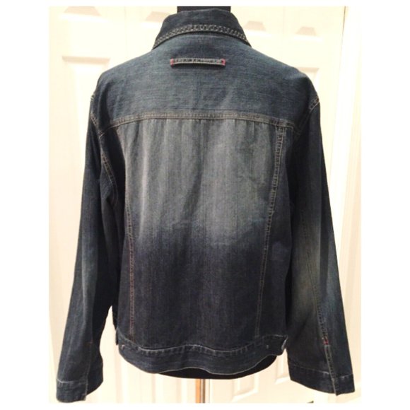 Chico’s L Pink Flower Close Dark Wash Jean Jacket - Picture 2 of 7